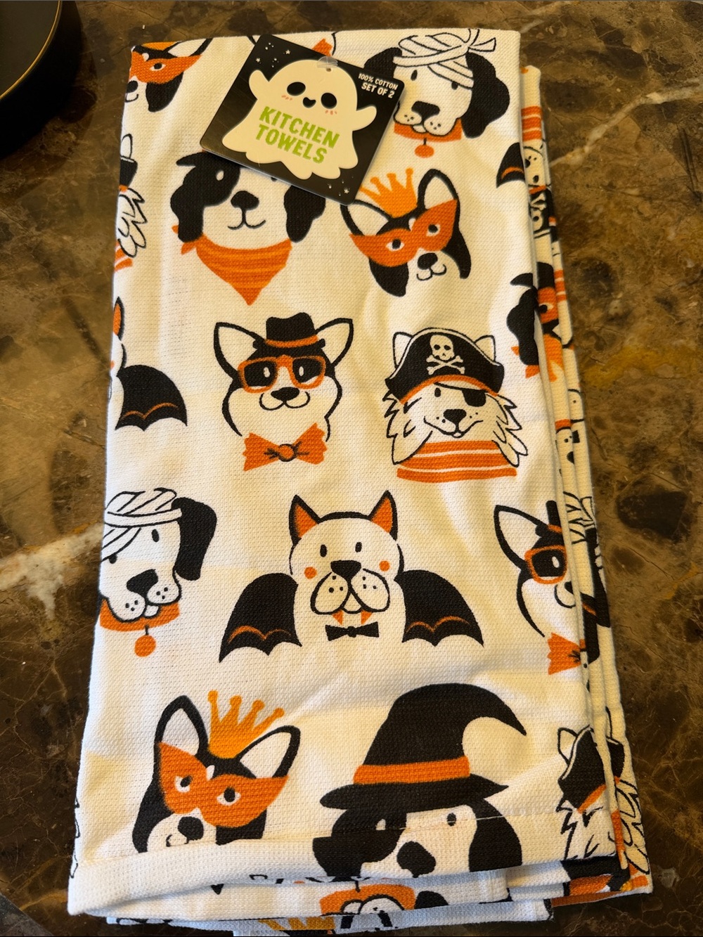Halloween Dog Print Kitchen Towels - Orange & Black on White